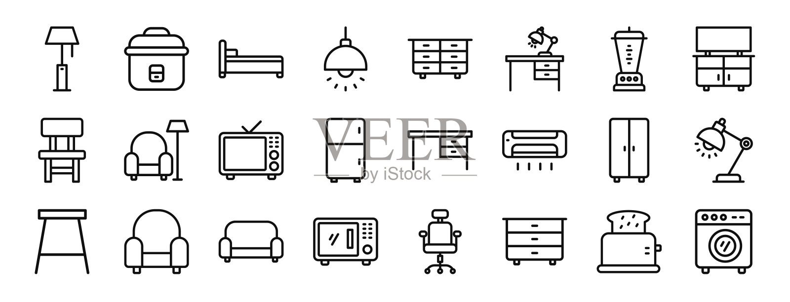 24个家居家具图标轮廓集，包括灯、米饭煲、床、吊灯、抽屉、桌子、搅拌机等矢量图标，适用于报告、演示、图表、网页设计和移动应用。插画图片素材