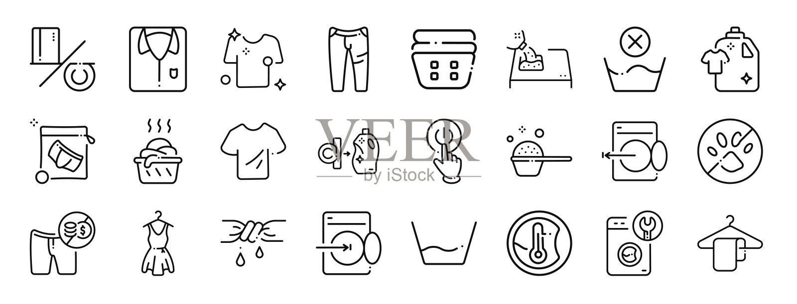 一套24个轮廓网页洗衣图标，包括交换、衣物、洗衣等，适用于报告、演示、图表、网页设计和移动应用的矢量图标。插画图片素材