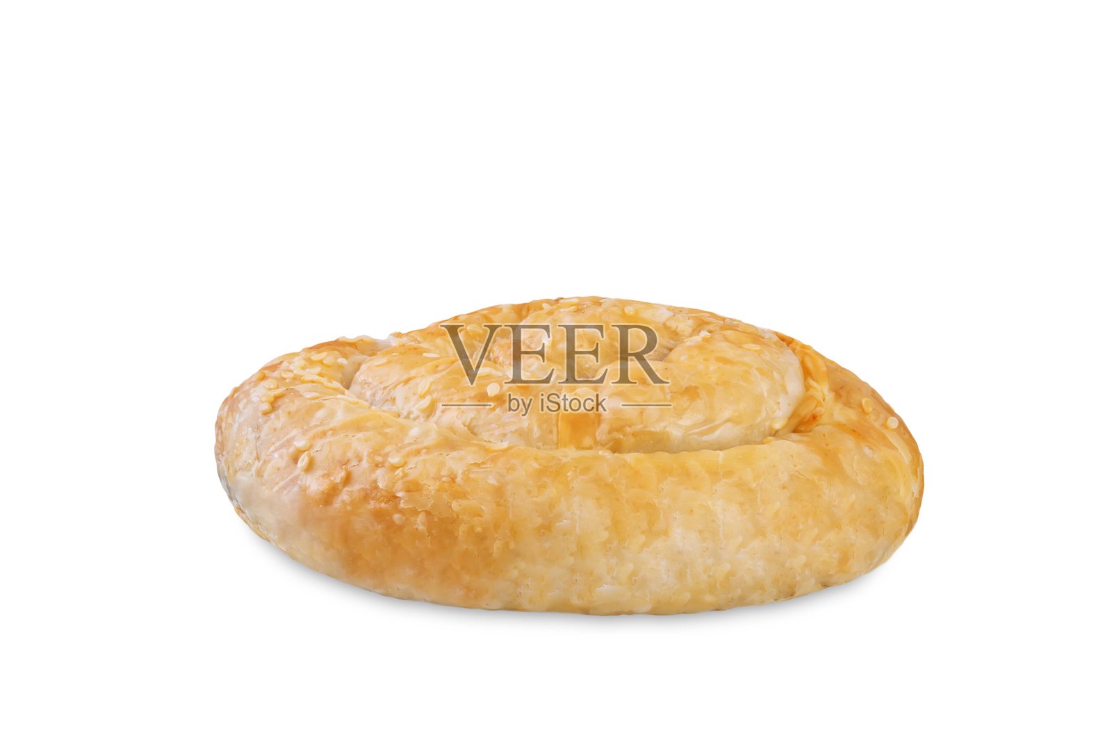 白色背景上的螺旋形希腊饼皮，内含馅料照片摄影图片