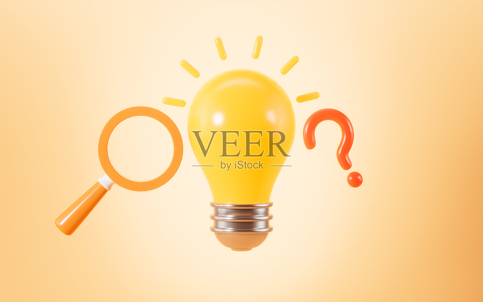 问号和灯泡，头脑风暴和想法，3D渲染。照片摄影图片