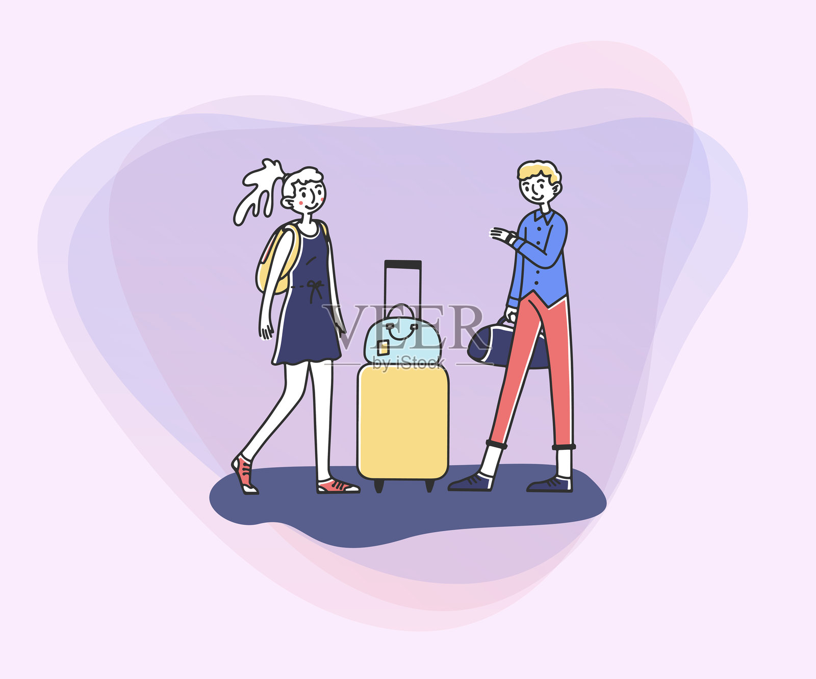 年轻夫妇带着行李箱和包准备去旅行插画图片素材