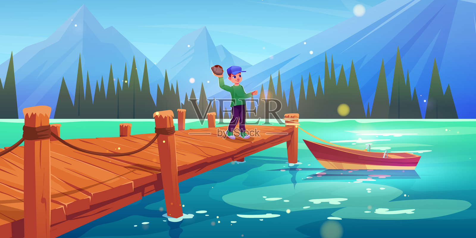 木湖码头上的男孩向水矢量扔石头