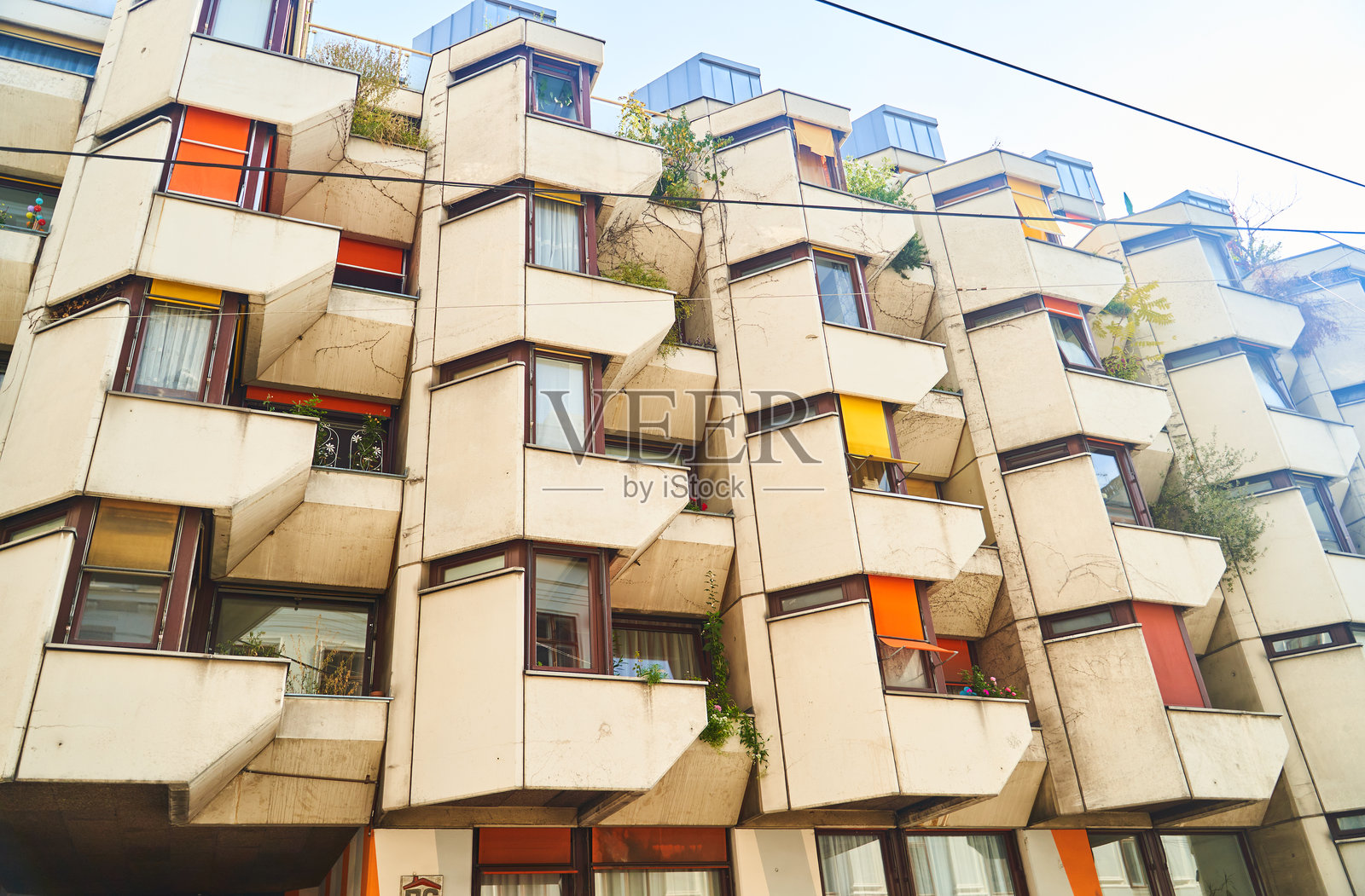 城市公寓楼，拥有众多窗户、阳台和郁郁葱葱的屋顶花园照片摄影图片