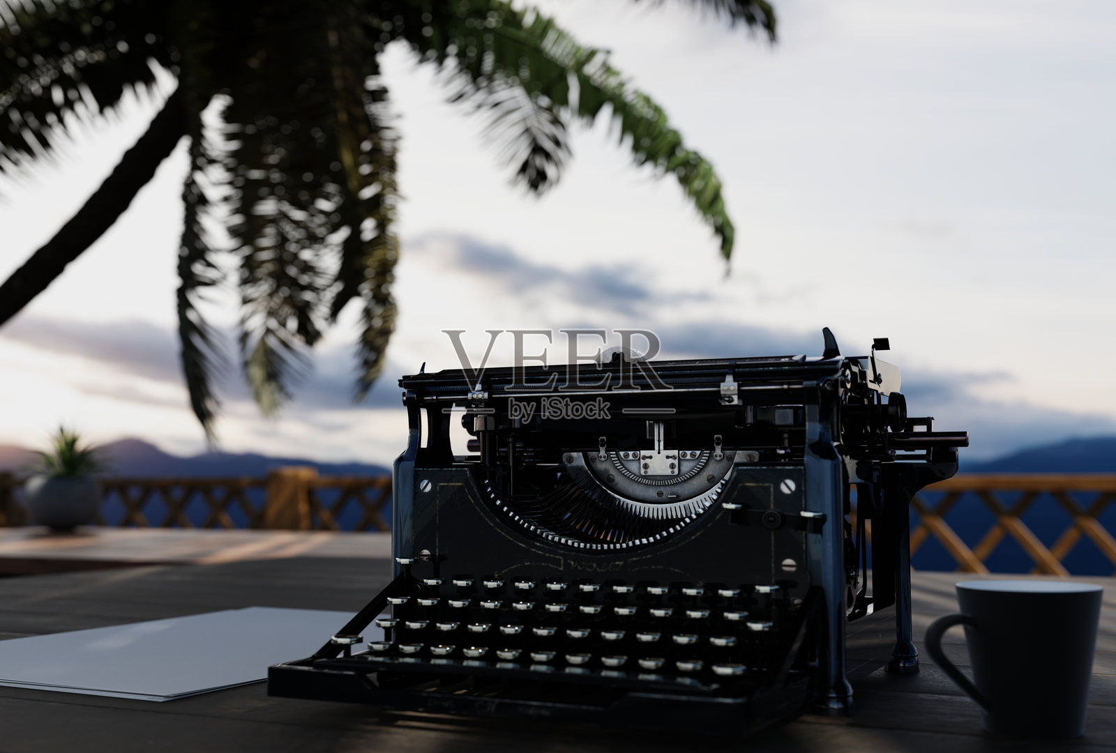 户外古董打字机放在桌子上照片摄影图片