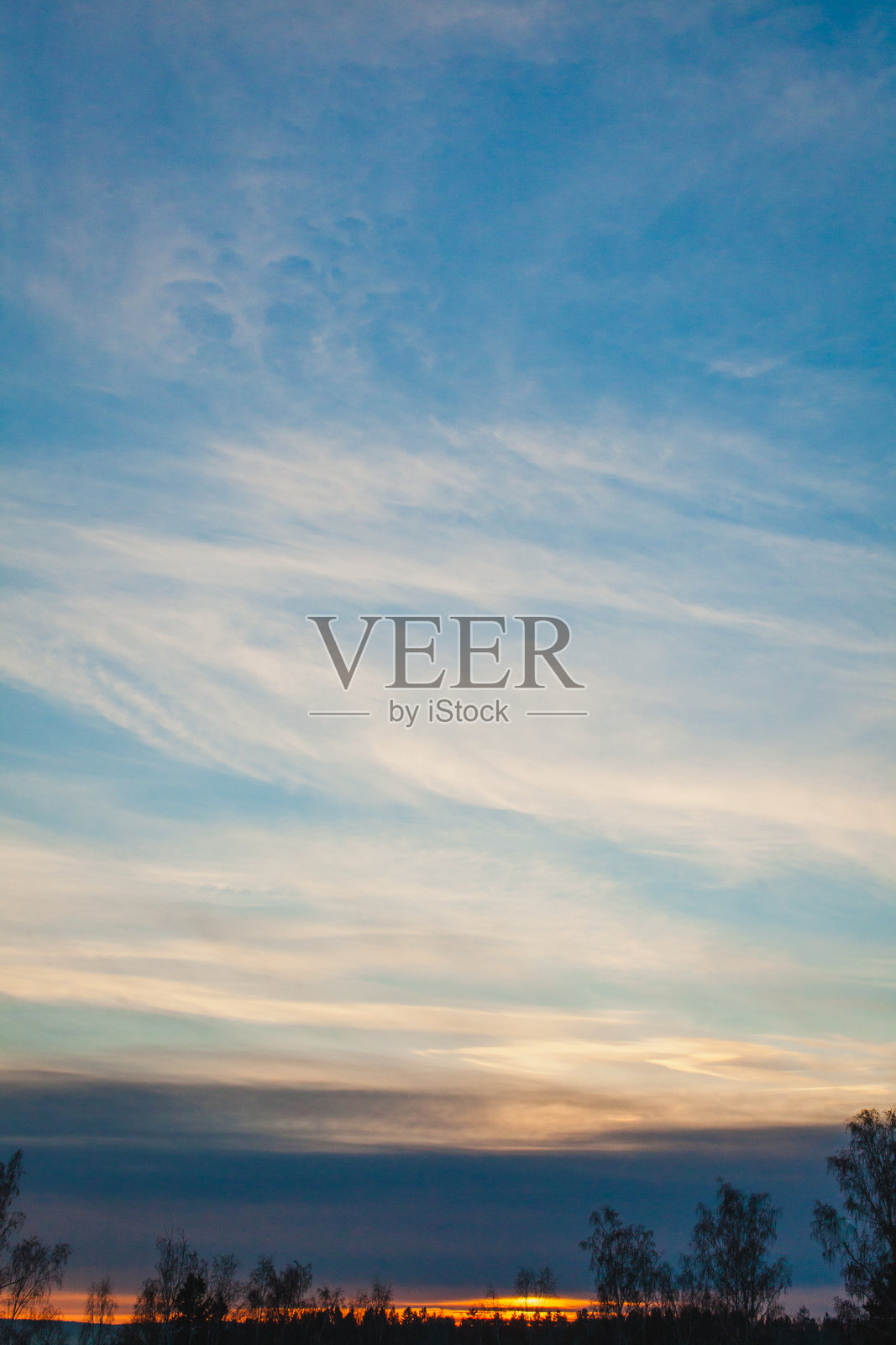 这幅图像美丽地捕捉了冬季日落的细腻色调。天空主导了整个场景，充满了柔和的蓝色和细腻的粉彩色调，彼此交融。照片摄影图片