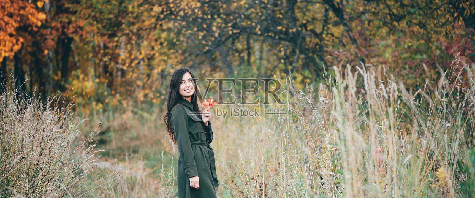 被生动的叶子环绕的女性美丽肖像。梦幻般的美丽女孩，长长的自然黑发在五彩斑斓的叶子背景中。秋天的森林中，女孩手中握着落叶。照片摄影图片