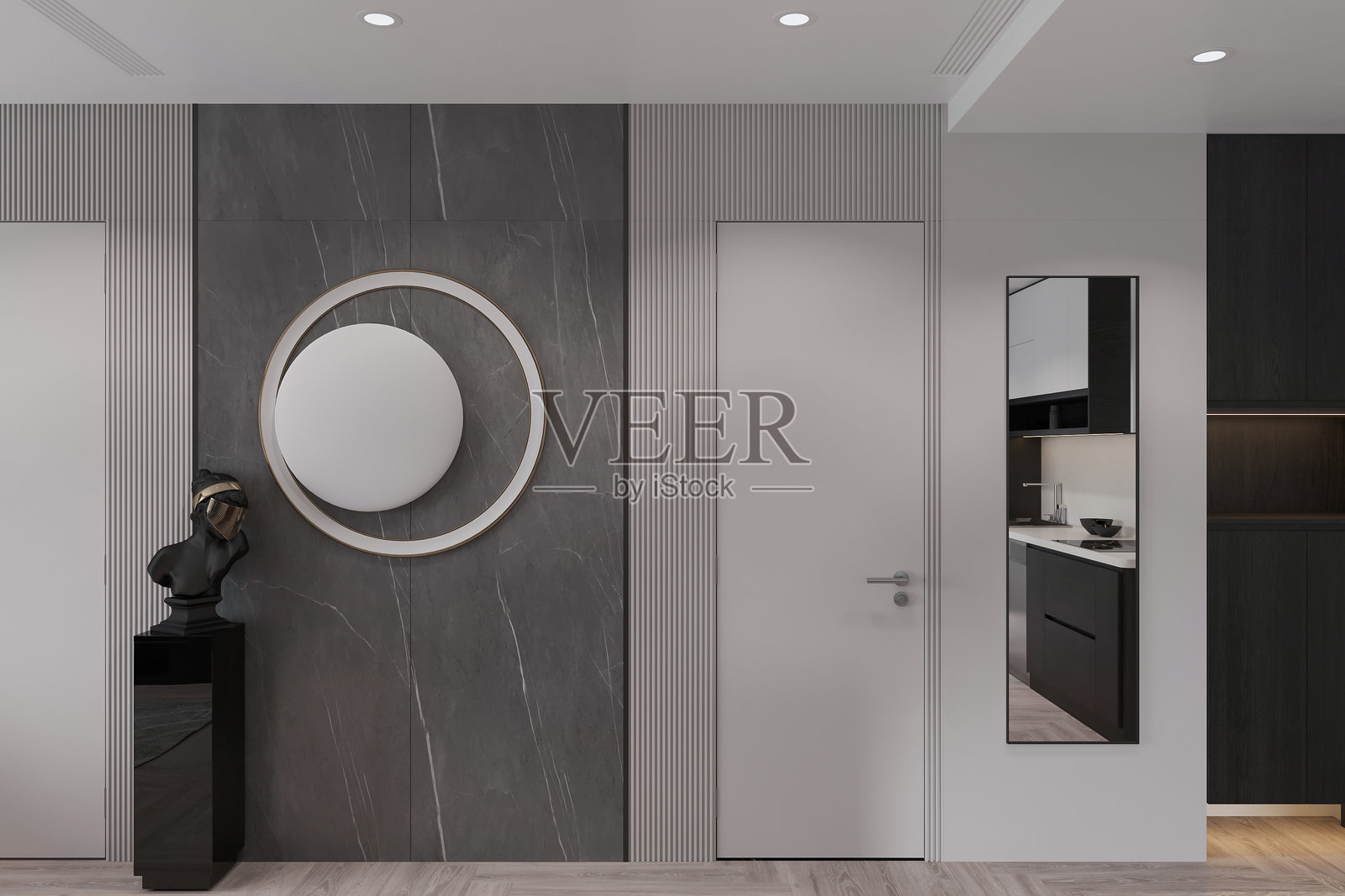 现代精致的走廊渲染，配有大型圆形镜子和极简风格。照片摄影图片