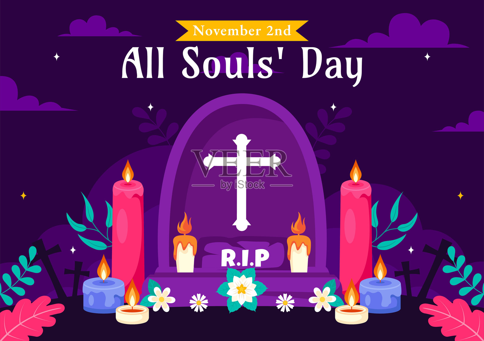 追思逝者纪念日矢量插画，纪念基督教信徒逝去的灵魂，背景为蜡烛插画图片素材