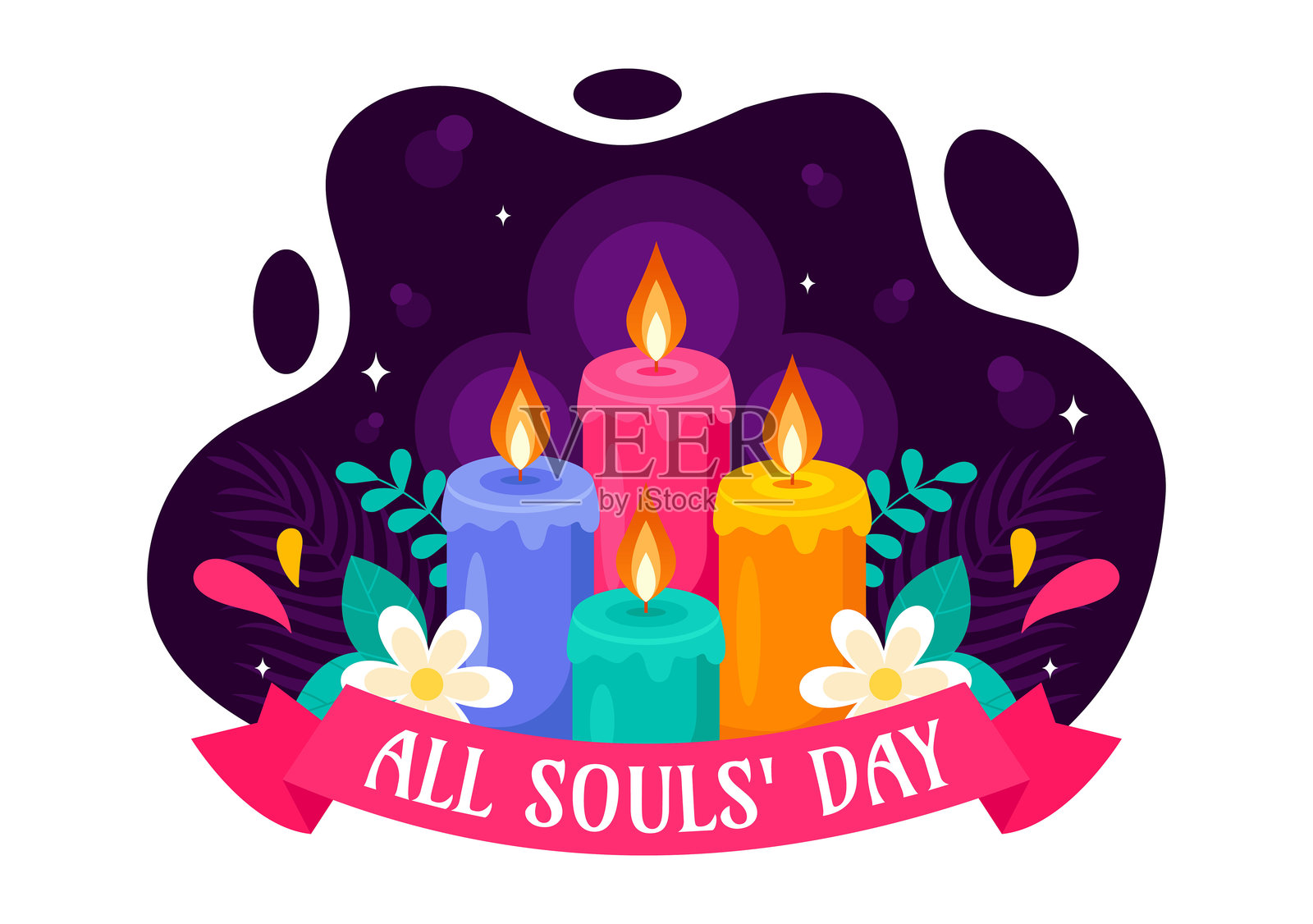 追思逝者纪念日矢量插画，纪念基督教信徒逝去的灵魂，背景为蜡烛插画图片素材
