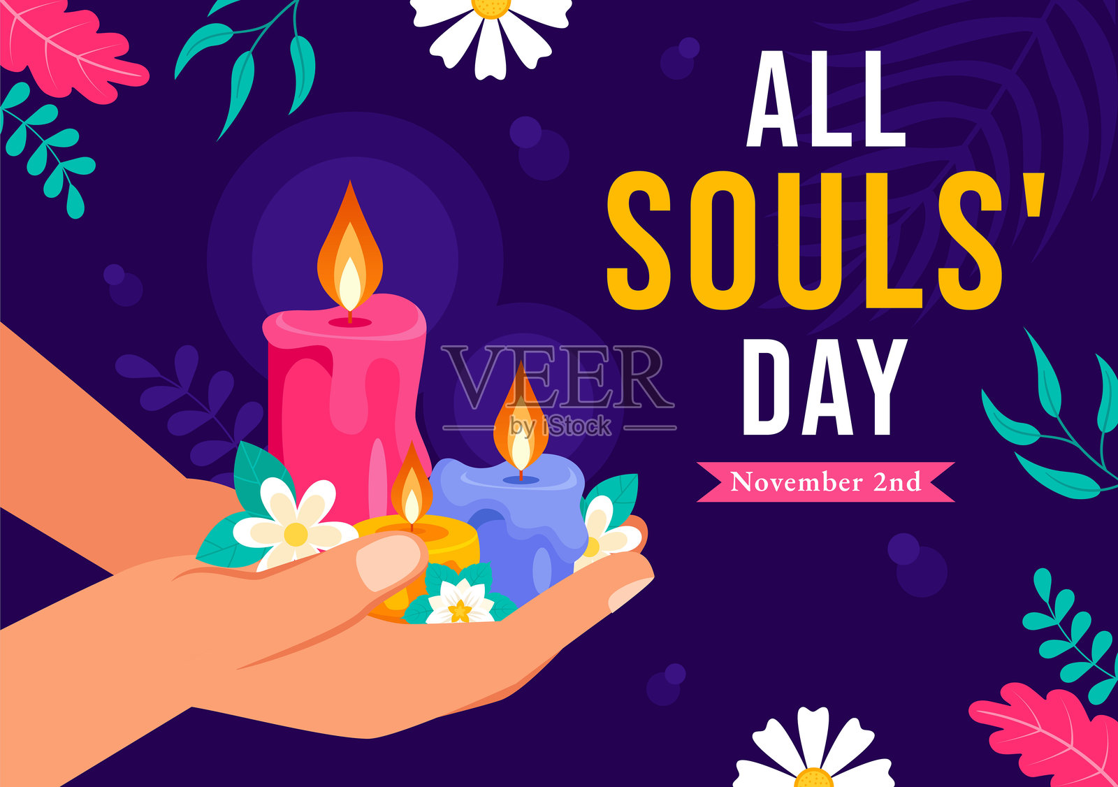 追思逝者纪念日矢量插画，纪念基督教信徒逝去的灵魂，背景为蜡烛插画图片素材