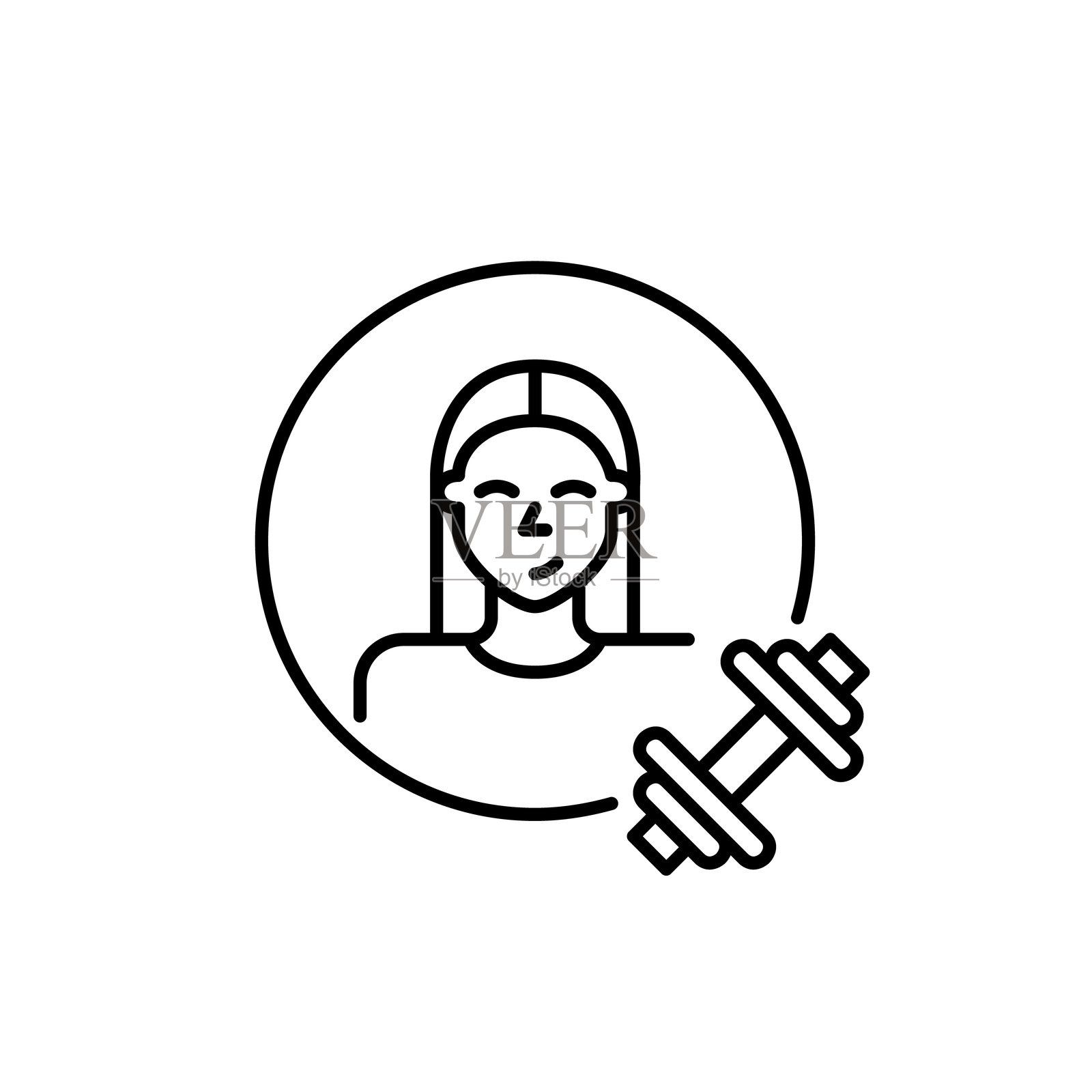 女性用户头像和哑铃。健身俱乐部会员，健康锻炼。健身应用。像素完美，可编辑的线条图标。插画图片素材