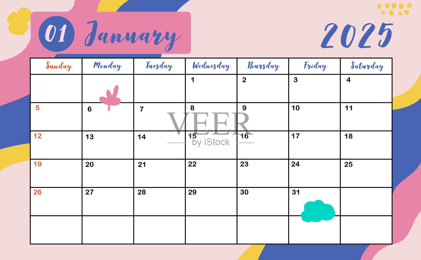 2025年1月的每月日历，周日开始，色彩丰富，适合横向打印设计插画图片素材