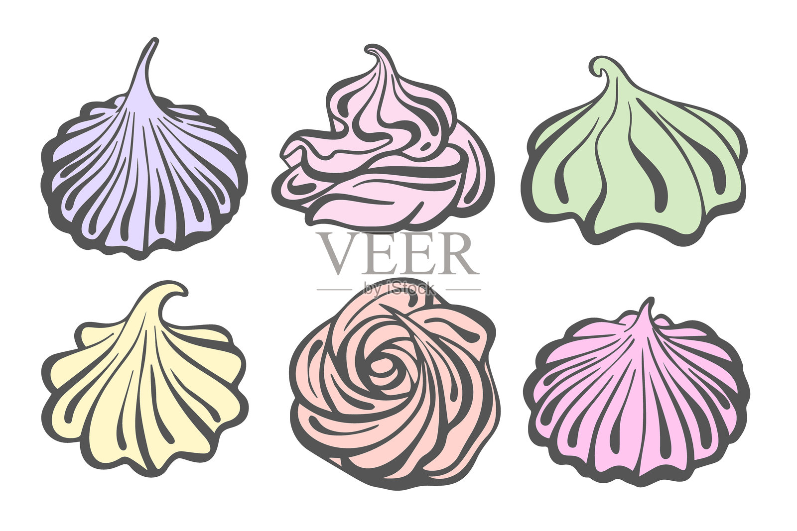 蛋白霜矢量图标。用于蛋糕和派甜点的奶油。白色背景上的糕点插图。旋涡甜点，慕斯泡沫。插画图片素材