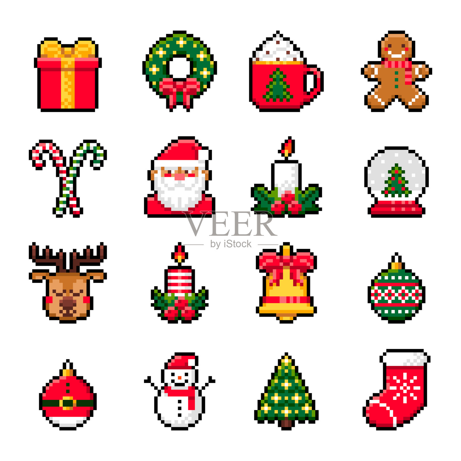 圣诞像素艺术套件。包含圣诞老人、驯鹿、雪人、姜饼、礼品盒、糖果杖的独立图标，采用16位复古风格。新年元素的矢量插图。插画图片素材