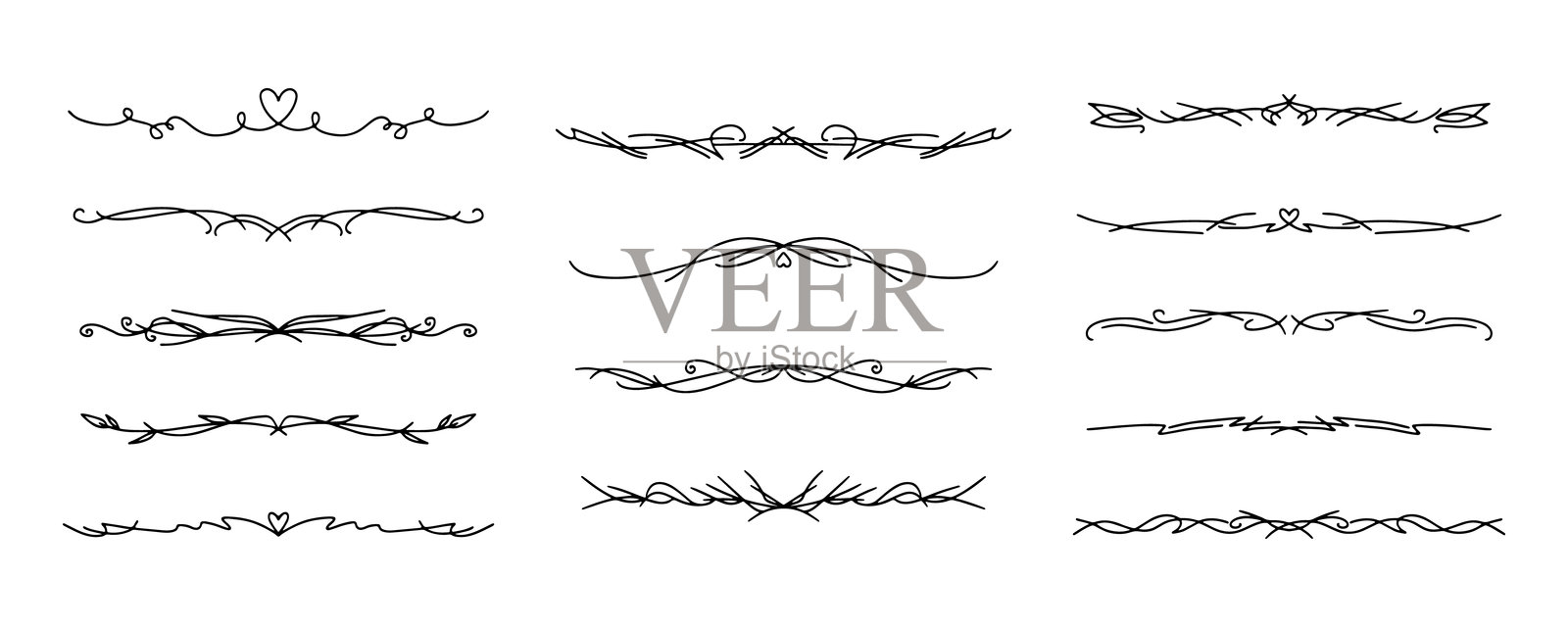 线分隔符集。华丽的分隔线。优雅的装饰性分隔线，手绘装饰。复古边框线。插画图片素材