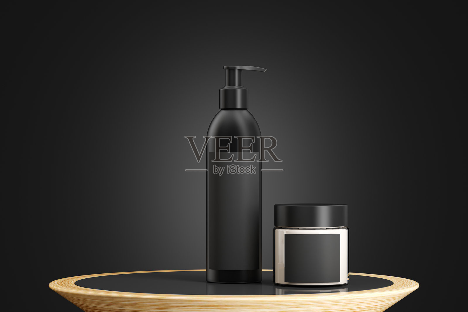 哑光黑铝瓶和玻璃面霜罐 - 化妆品模型照片摄影图片