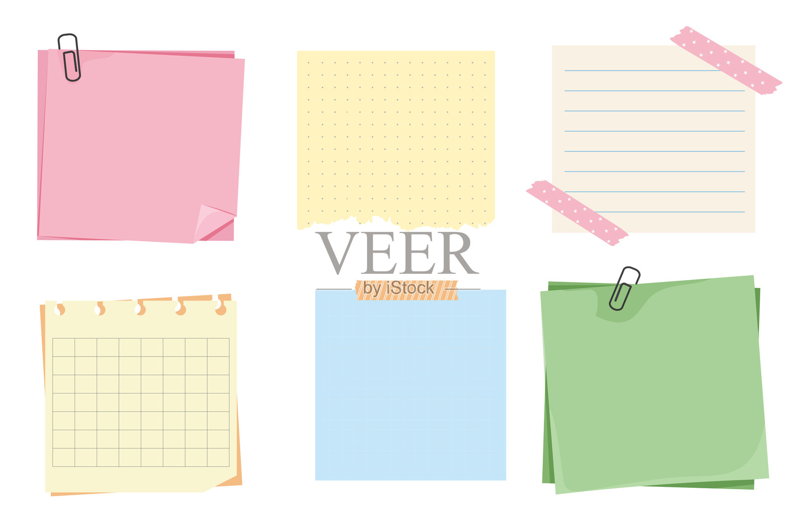 备忘录笔记，带夹子的纸张，便利贴。计划本页面。创意列表。便签贴纸。名言框，提醒。矢量插图插画图片素材