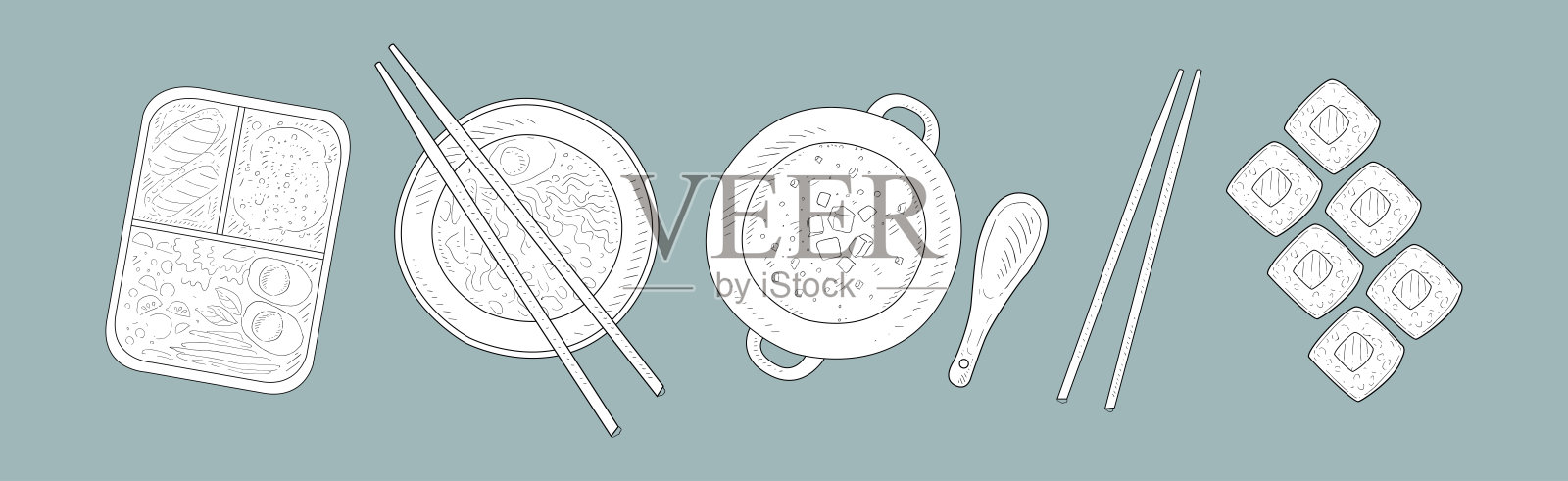 美味的亚洲食品，包括寿司和手绘面条碗矢量图集插画图片素材