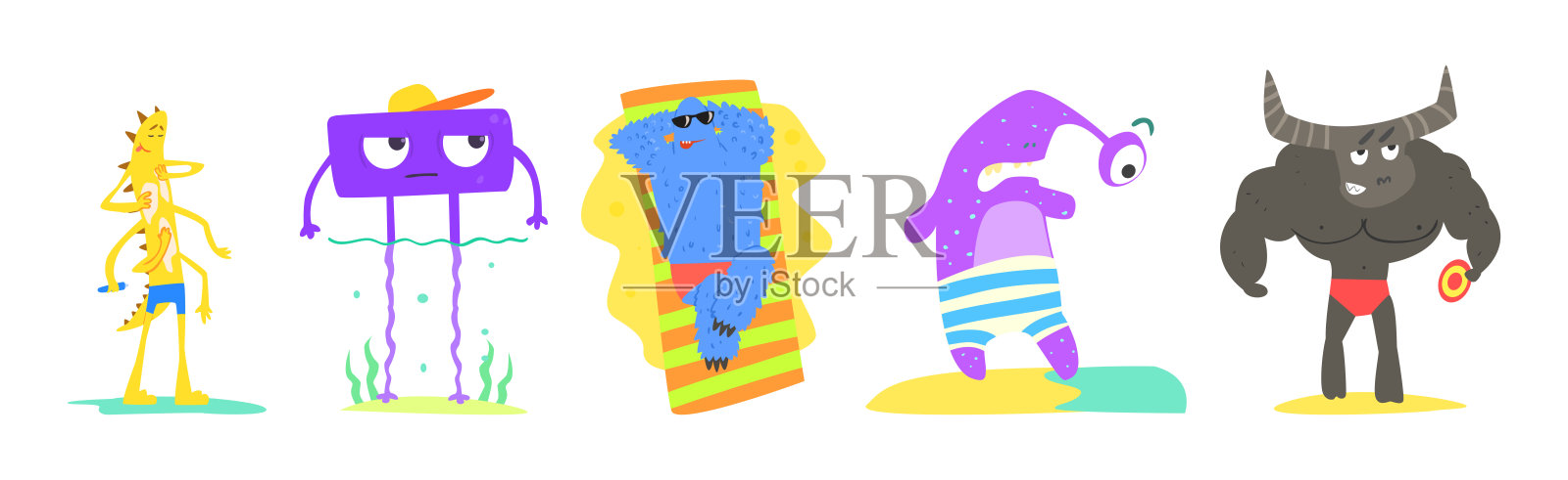 有趣的海滩怪物角色日光浴矢量图集插画图片素材