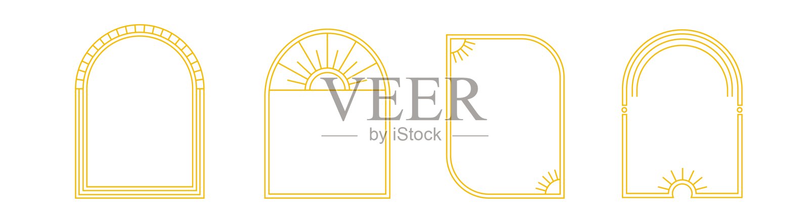 金色拱门带有太阳装饰和图案。室内拱门配有太阳图案。插画图片素材