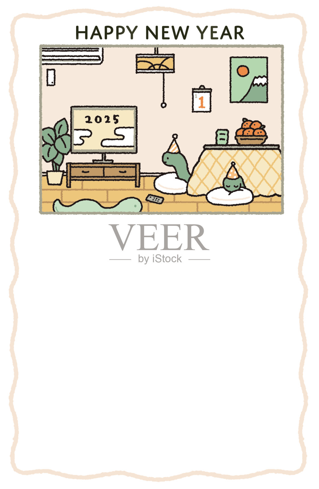 2025年新年贺卡插图，描绘了一只可爱的蛇角色在房间里庆祝新年的开始。插画图片素材
