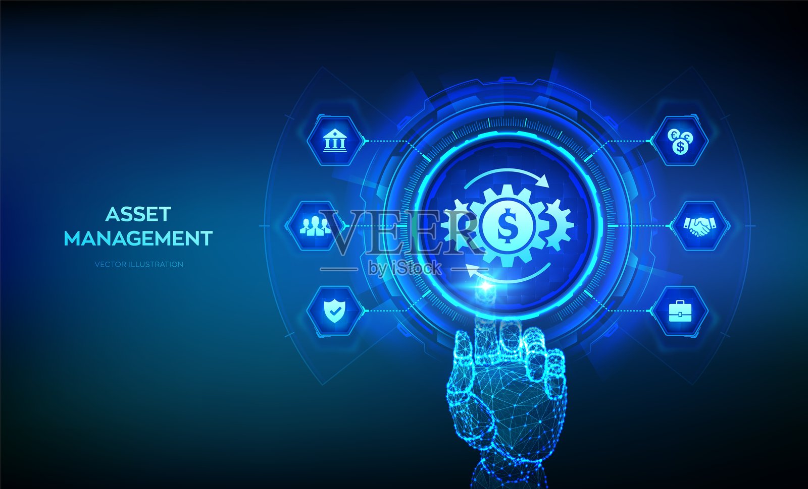 资产管理。商业投资银行支付技术概念在虚拟屏幕上。线框手触摸数字界面。矢量插图。插画图片素材