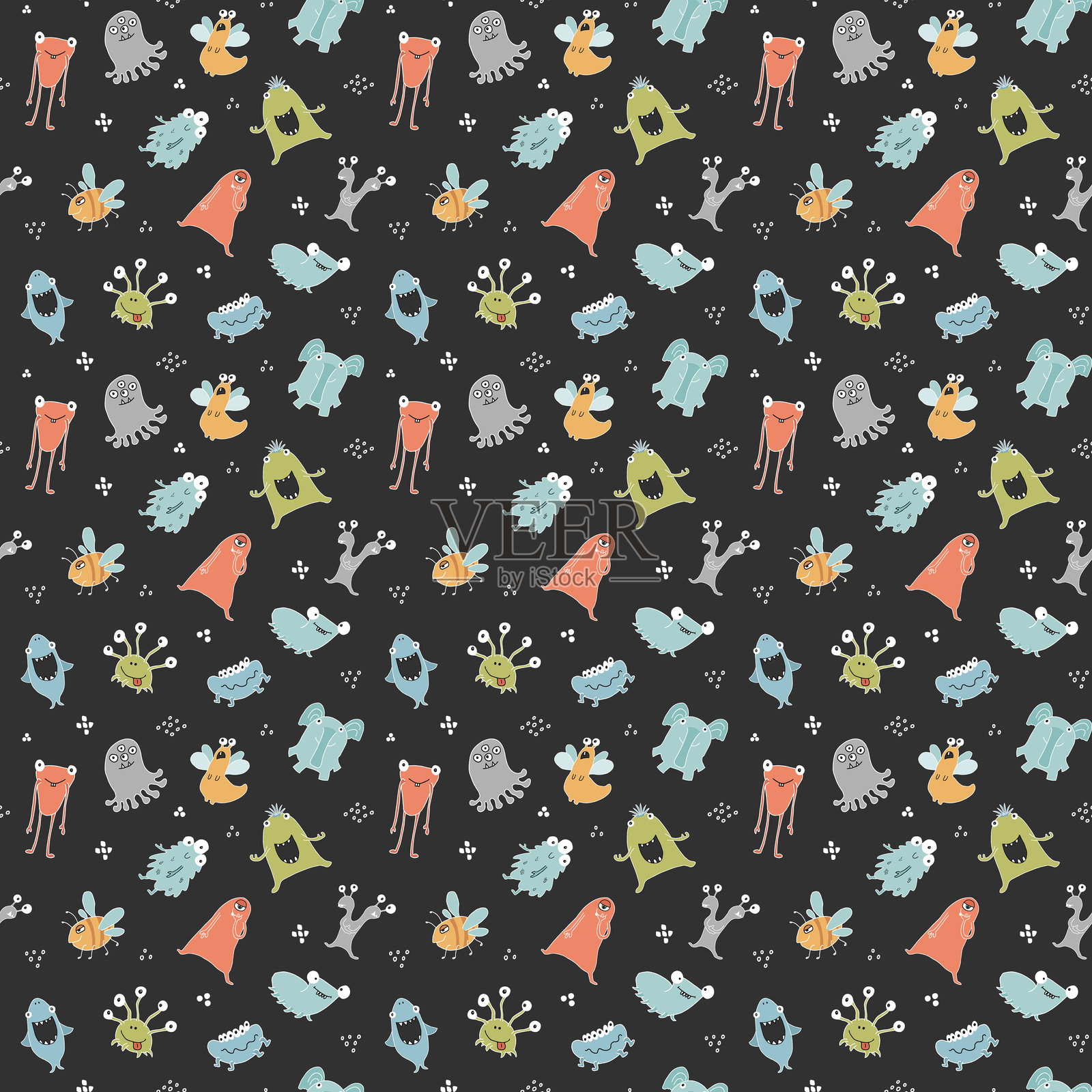 可爱怪兽无缝图案。卡通怪兽背景。矢量插图插画图片素材