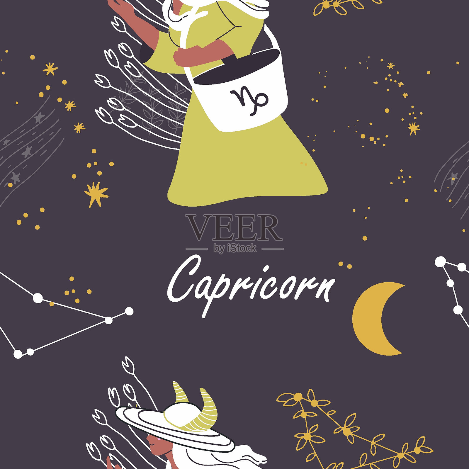 无缝的摩羯座星座图案。现代时尚女性角色，星座头像。盛开的星座、树枝、枝条。平面手绘图形矢量插图。插画图片素材