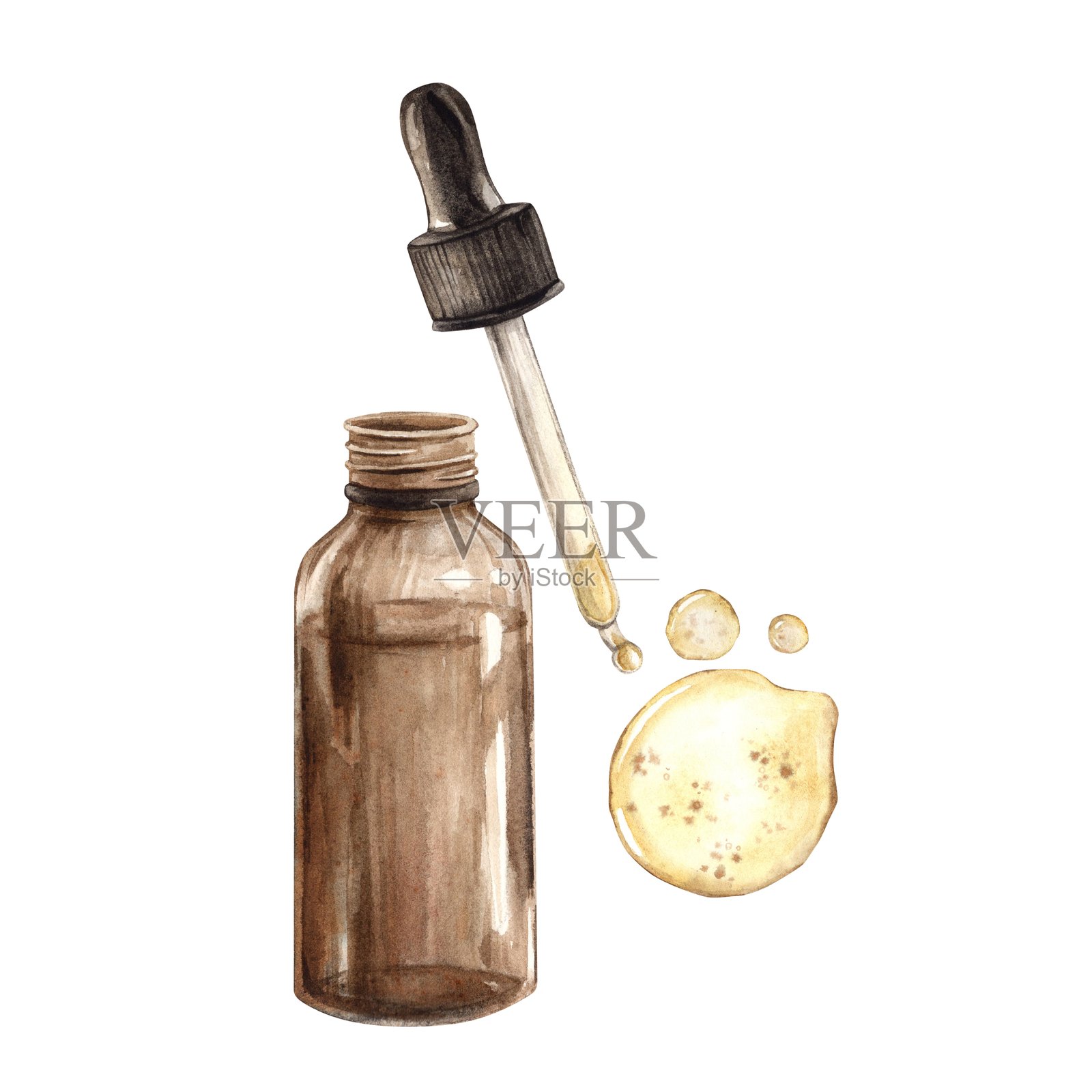 化妆瓶和滴管，天然化妆品面部精华或油。水彩手绘插图，适用于化妆品生态品牌、包装、美容博客和明信片。照片摄影图片