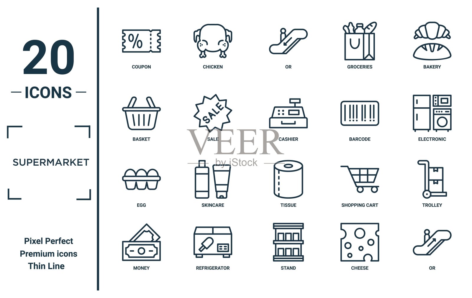超市线性图标集。包括细线优惠券、购物篮、鸡蛋、钱、收银员、购物车图标，用于报告、演示、图表和网页设计。插画图片素材