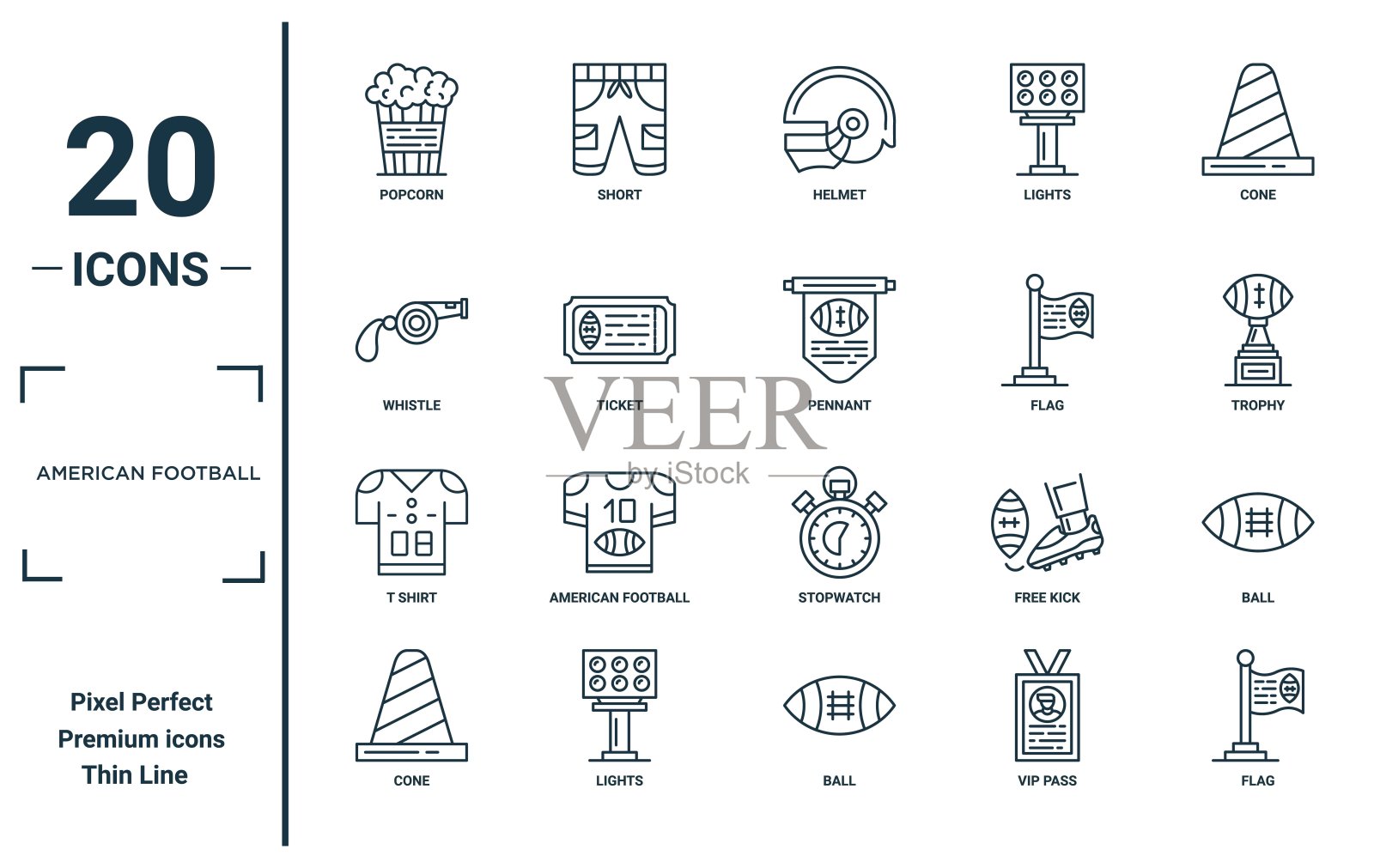 美国足球线性图标集。包括薄线的爆米花、哨子、T恤、锥形标、旗帜、旗帜和球的图标，适用于报告、演示、图表和网页设计。插画图片素材
