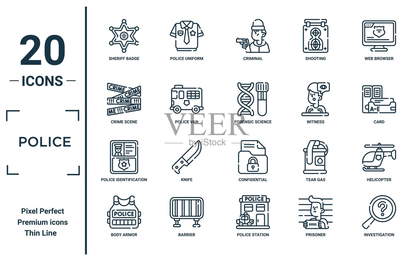 警察线性图标集。包括细线警长徽章、犯罪现场、警察身份证、身体盔甲、调查、法医科学、直升机图标，用于报告、演示、图表、网页。插画图片素材