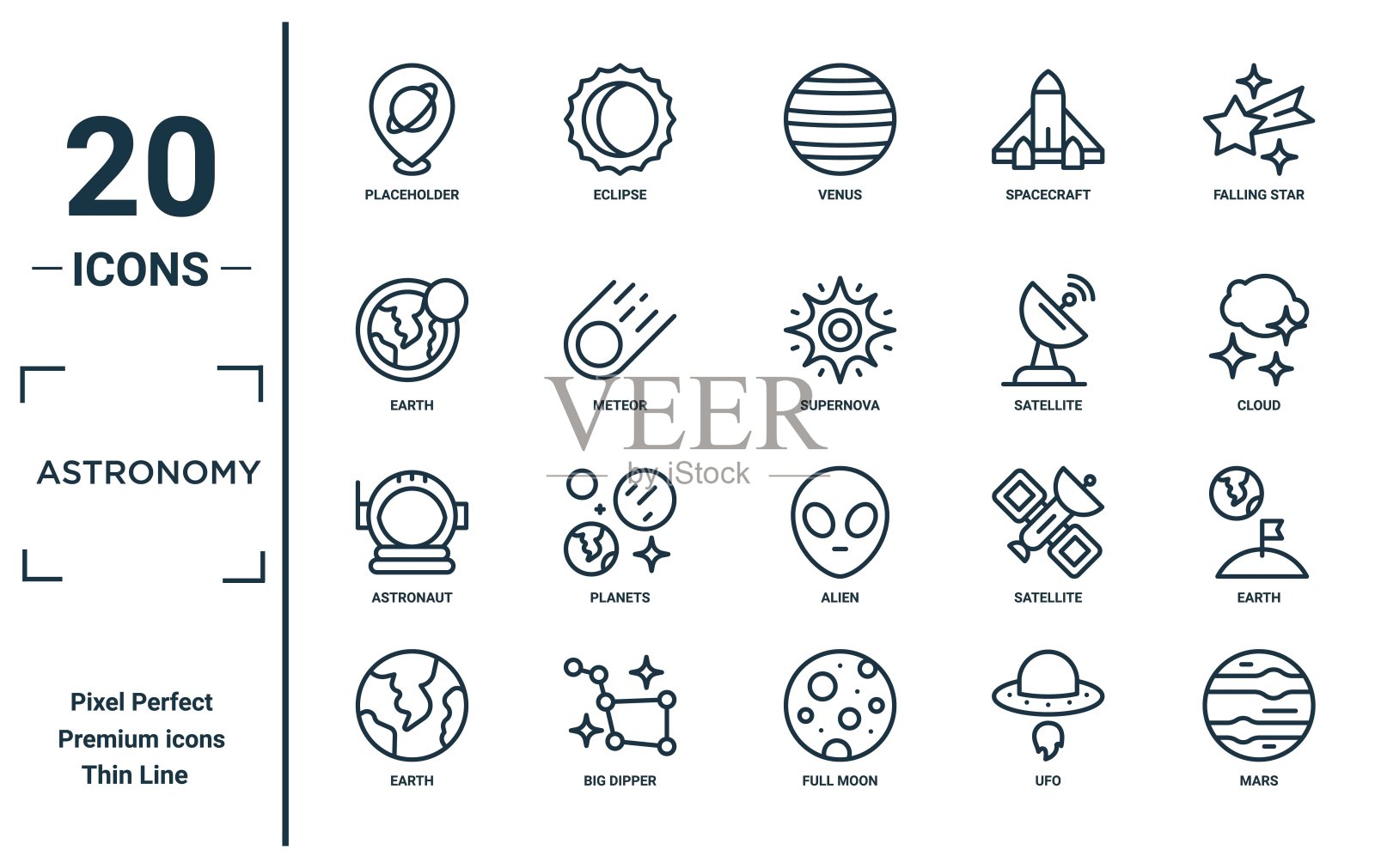 天文学线性图标集：包含占位符、地球、宇航员、火星、超新星等细线图标，适用于报告、演示文稿、图表和网页设计插画图片素材