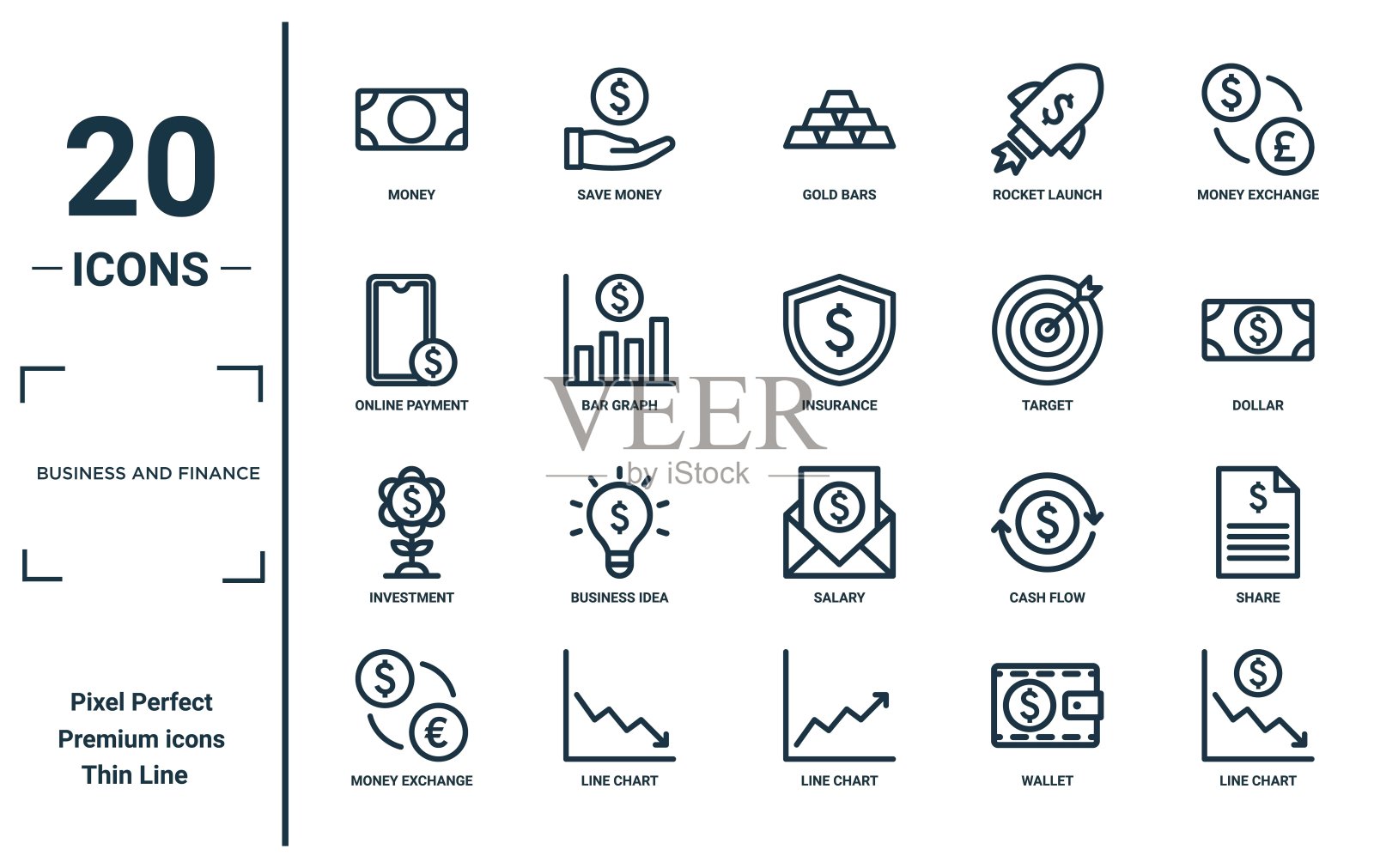 商业与金融线性图标集。包括细线的货币、在线支付、投资、货币兑换、折线图、保险、报告、演示、图表和网页设计用的分享图标。插画图片素材