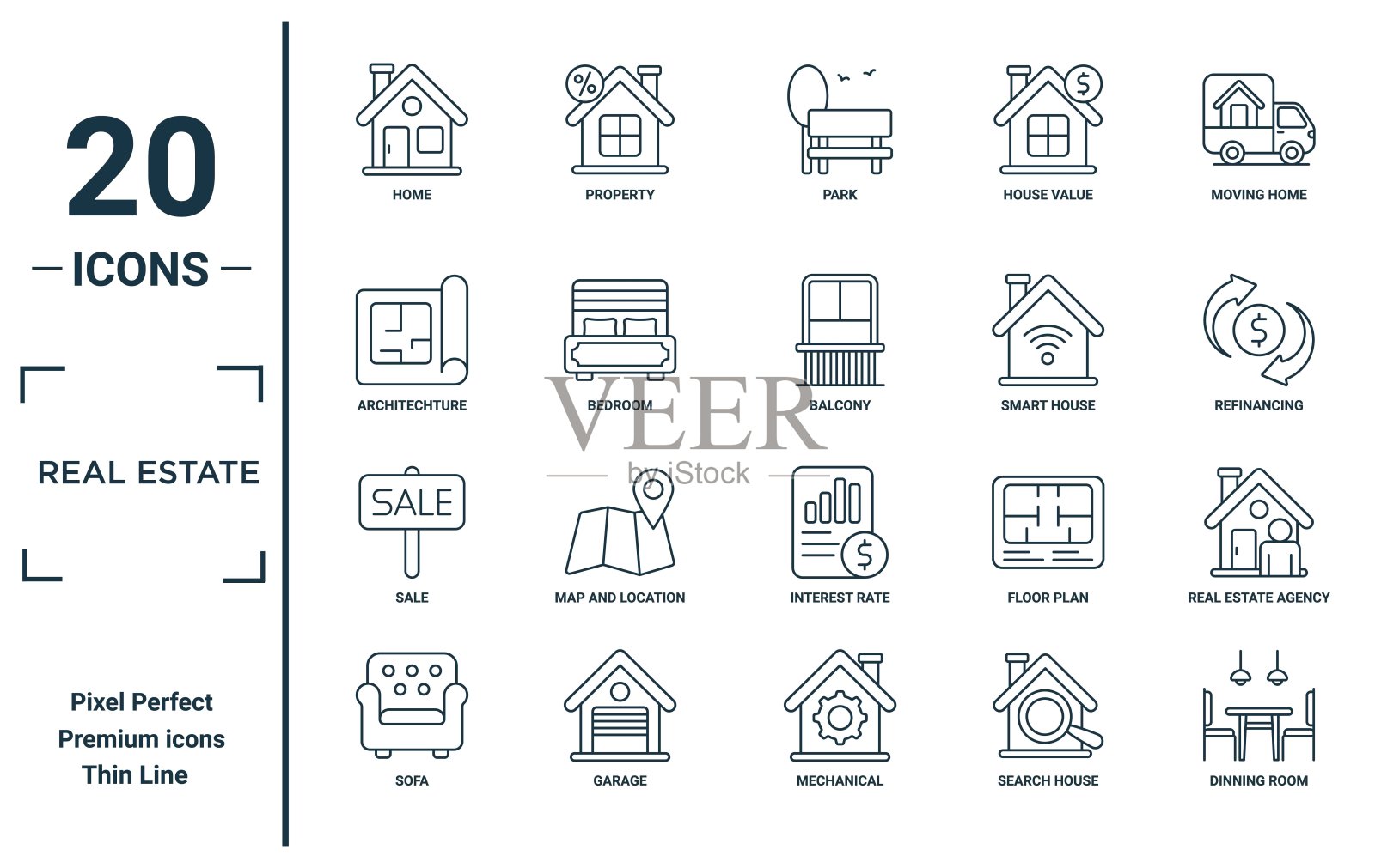 房地产线性图标集。包括细线家居、建筑、销售、沙发、餐厅、阳台、房地产代理图标，用于报告、演示、图表和网页设计。插画图片素材