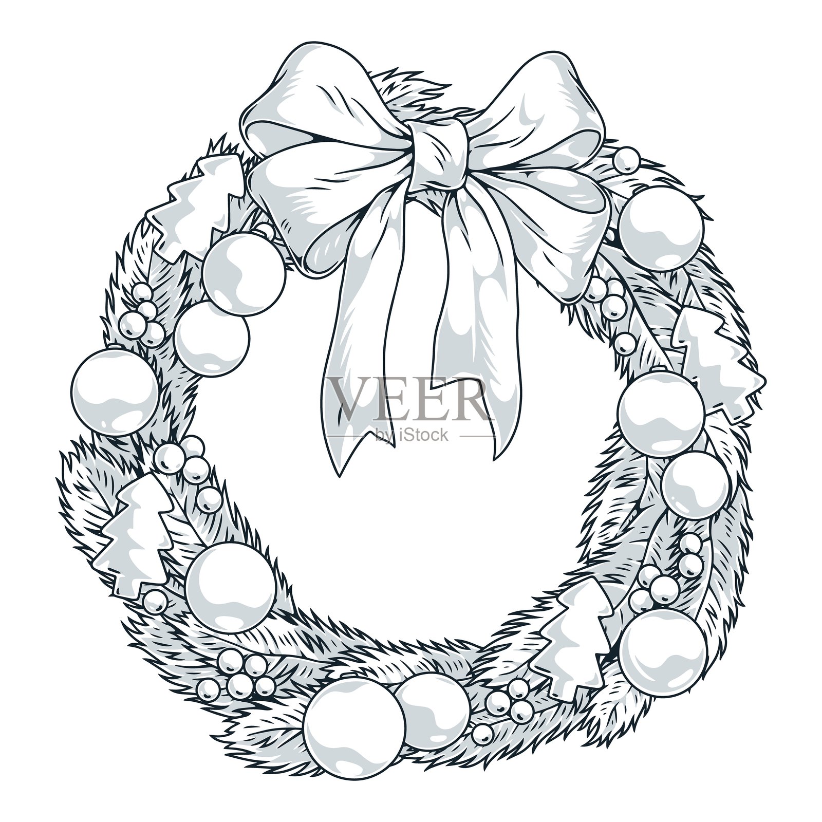 复古单色圣诞花环徽章插画图片素材