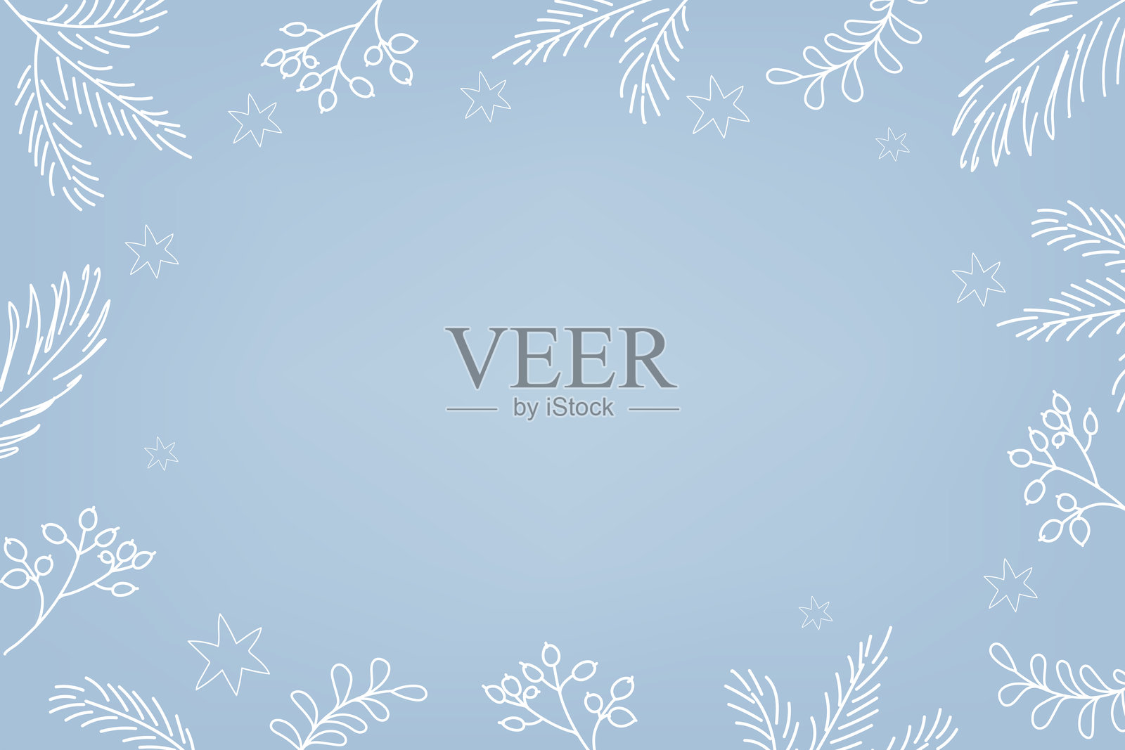 喜庆的冬季蓝色背景，白色树枝和手绘浆果的框架插画图片素材