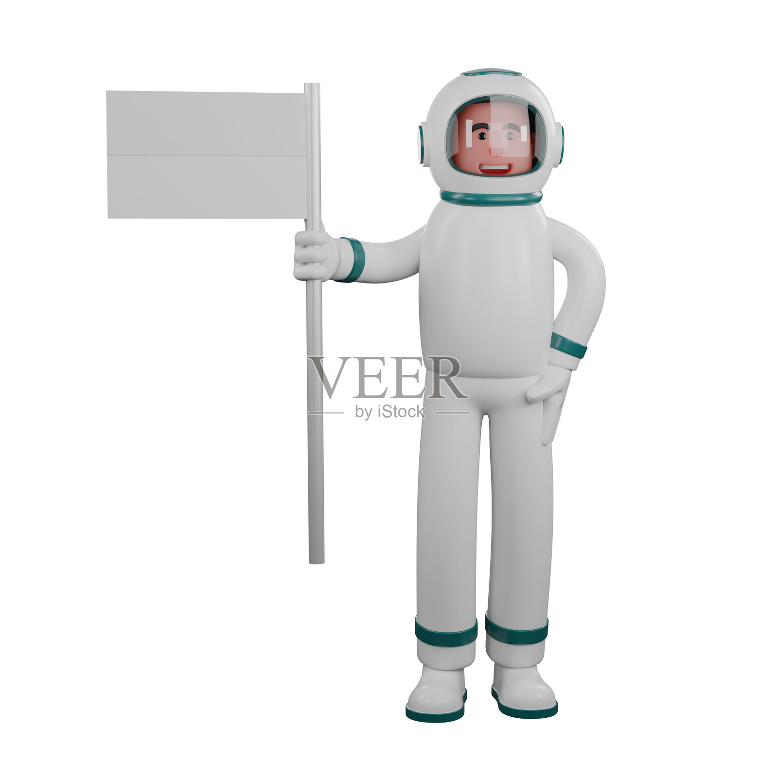 男性宇航员的3D插图。男性宇航员左手握着一面白旗，右手放在腰间。太空行走专家。照片摄影图片