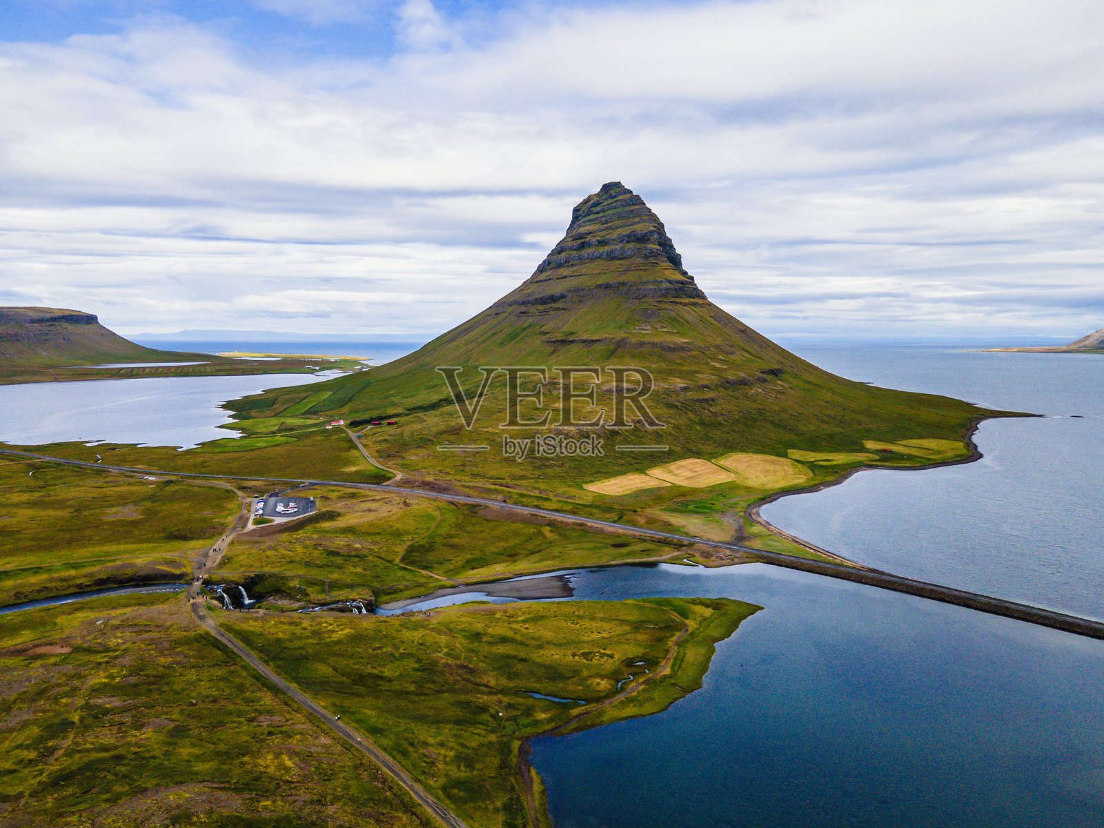 冰岛的基尔基尤费尔瀑布与标志性的基尔基尤费尔山，壮观的天空照片摄影图片
