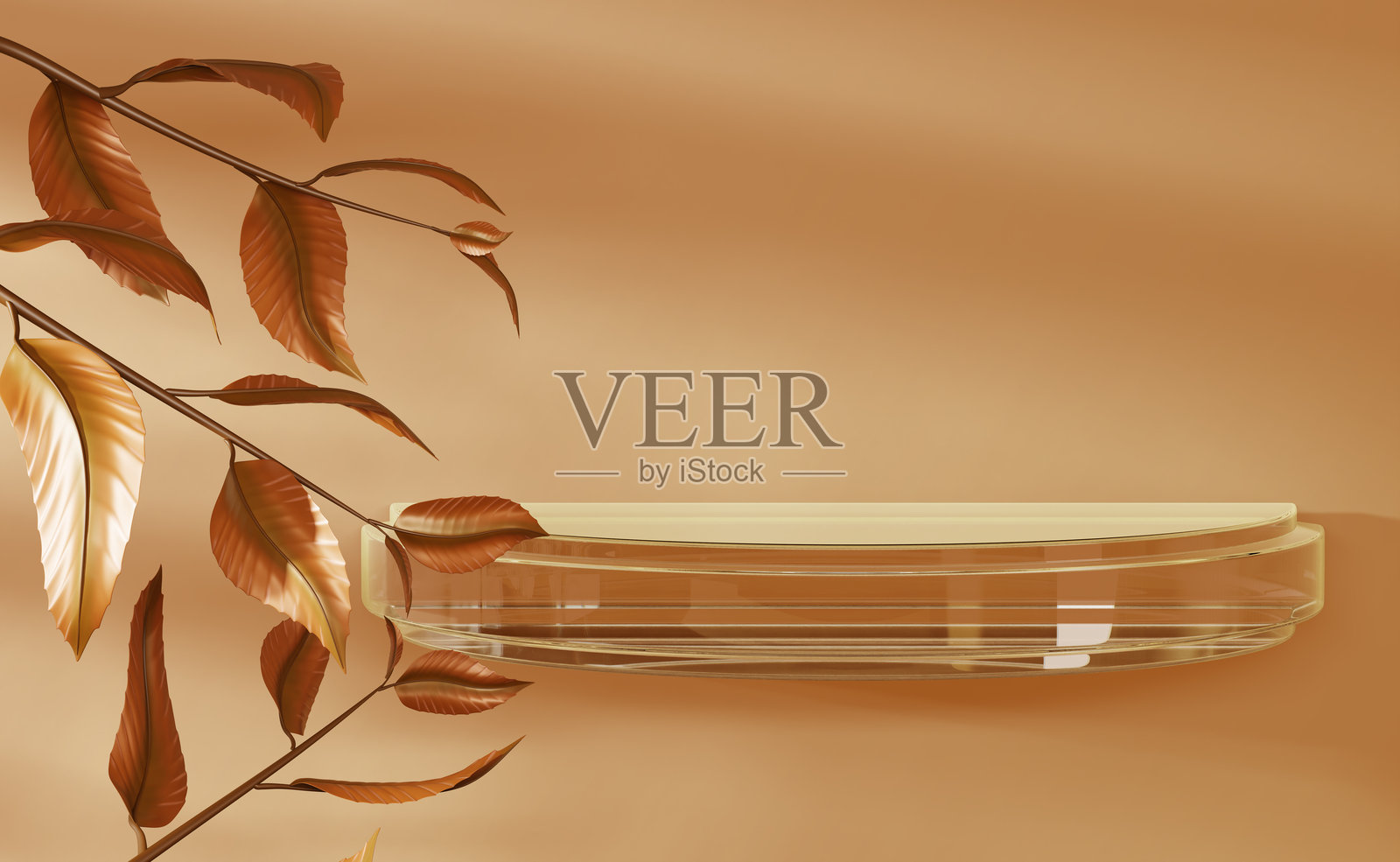 3D透明玻璃架子置于浅棕色墙壁上，周围有橙色秋叶和阴影渲染。秋季背景中的水晶产品展示台，空旷工作室房间内的陈列。照片摄影图片