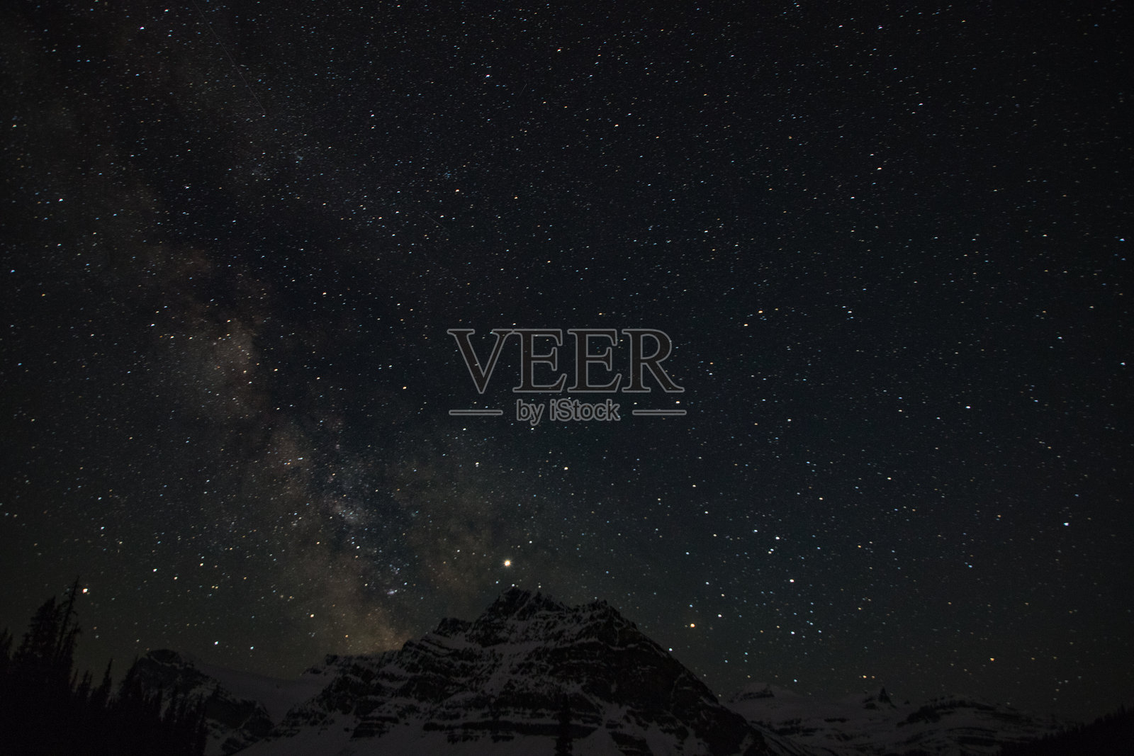 班夫国家公园壮丽山脉上的北极光和银河的壮丽夜景照片摄影图片