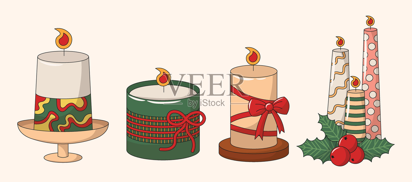 装饰有圣诞元素的蜡烛系列。蜡烛上有冬青枝、浆果、叶子和红色蝴蝶结。适合圣诞节的香氛蜡烛套装。新年矢量插图。插画图片素材