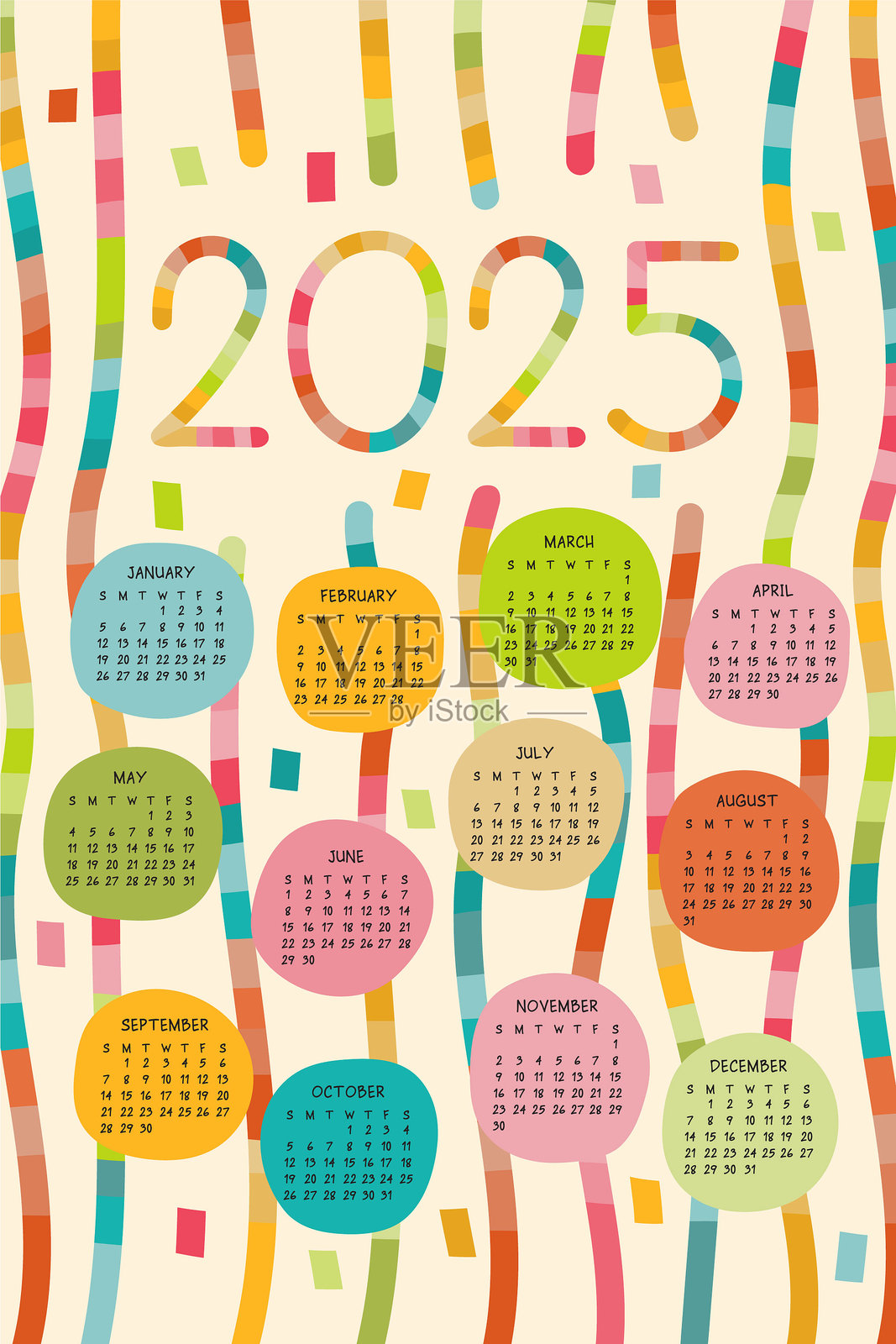 2025年几何风格的彩色单页日历插画图片素材