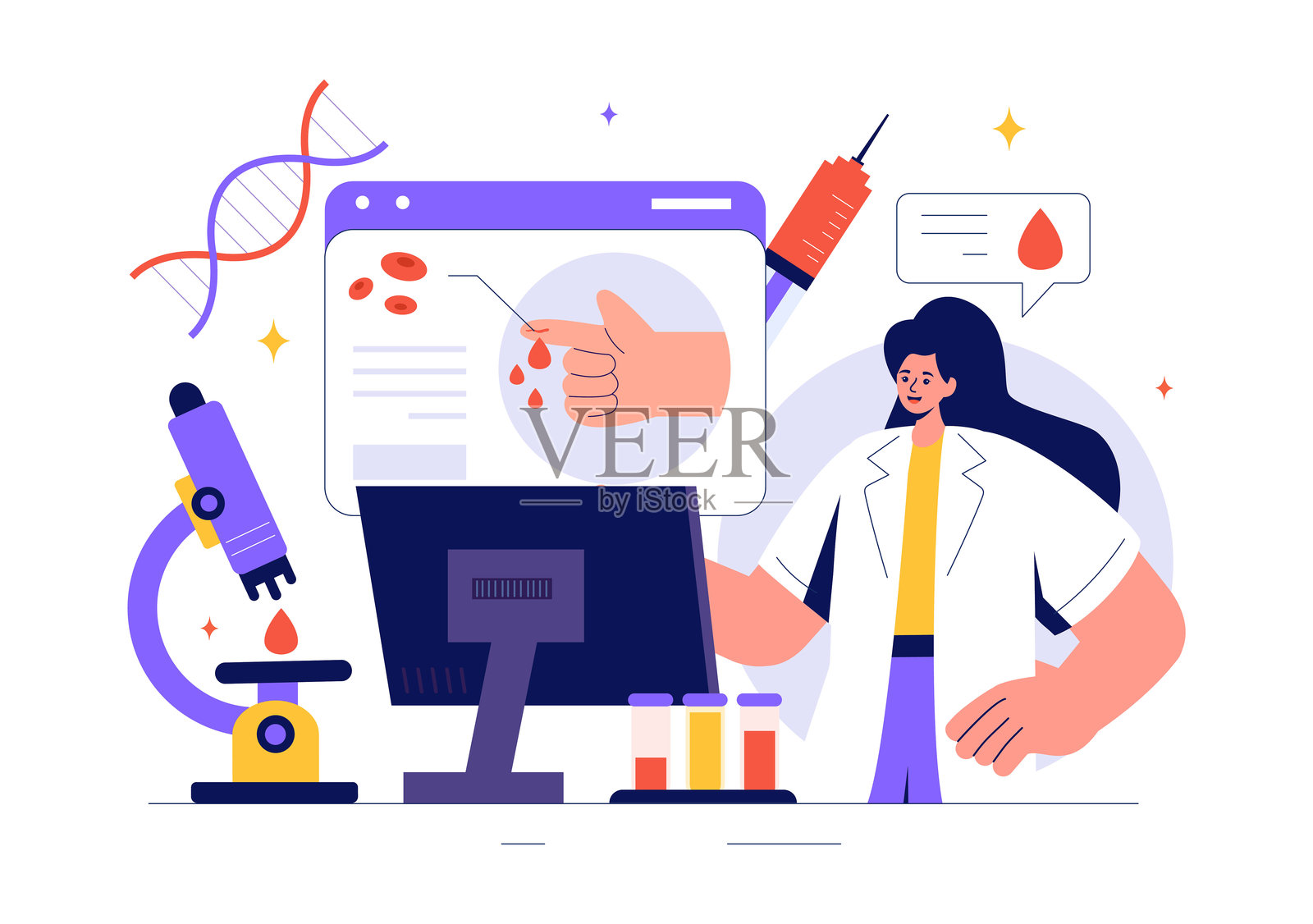 血友病矢量插图，展示医生检查受伤的膝盖或关节，以及医疗平面风格卡通背景中的血液疾病插画图片素材