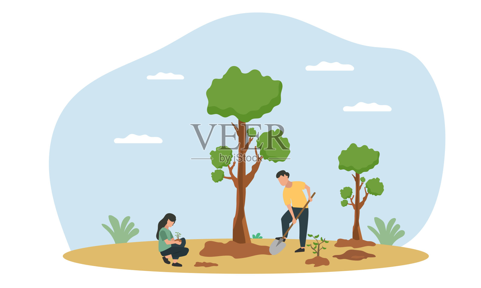 人们在植树以拯救地球。重新造林与植树的概念。插画图片素材