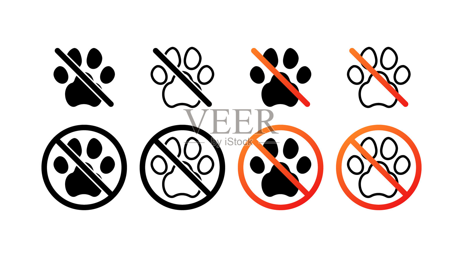 猫爪图标集。禁止标志图标。轮廓、线性和平面风格。矢量图标。插画图片素材