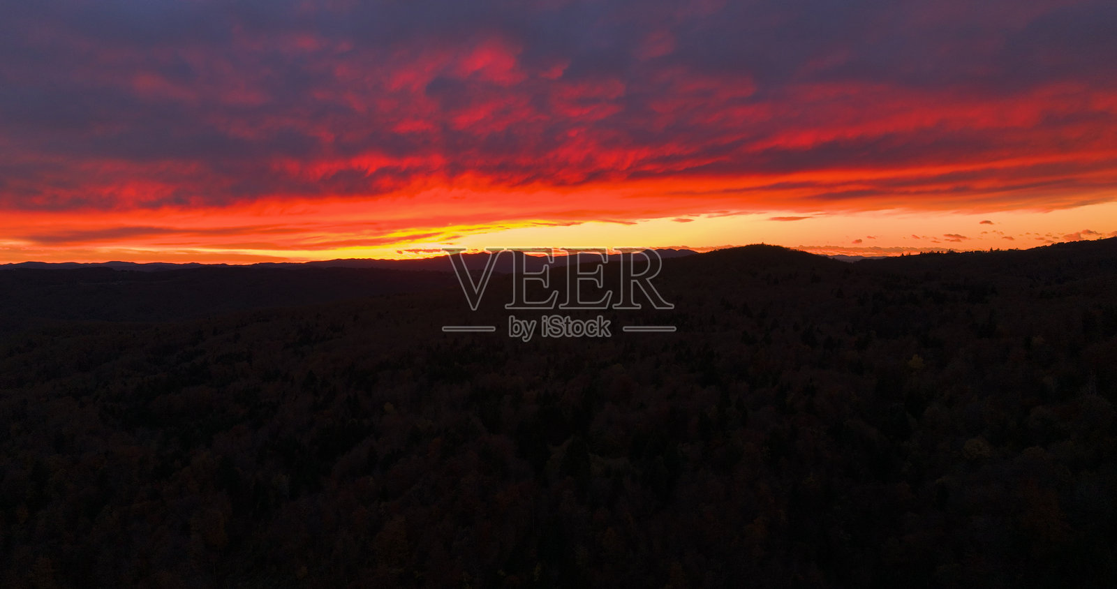 空中视角：戏剧性的日落，天空呈现出鲜艳的色调，下面是渐渐变暗的森林照片摄影图片