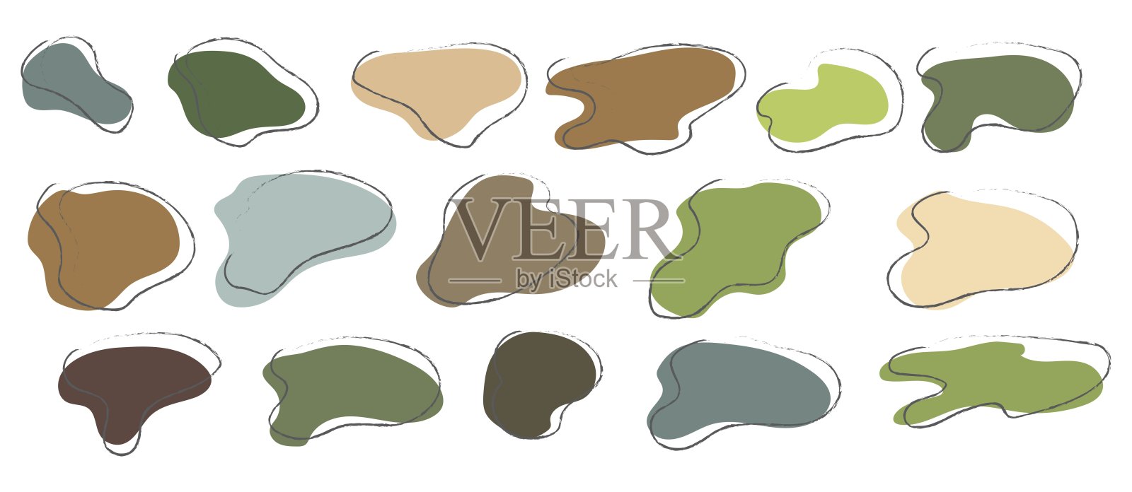 一组绿色生态有机形状的不规则图形与线条。插画图片素材