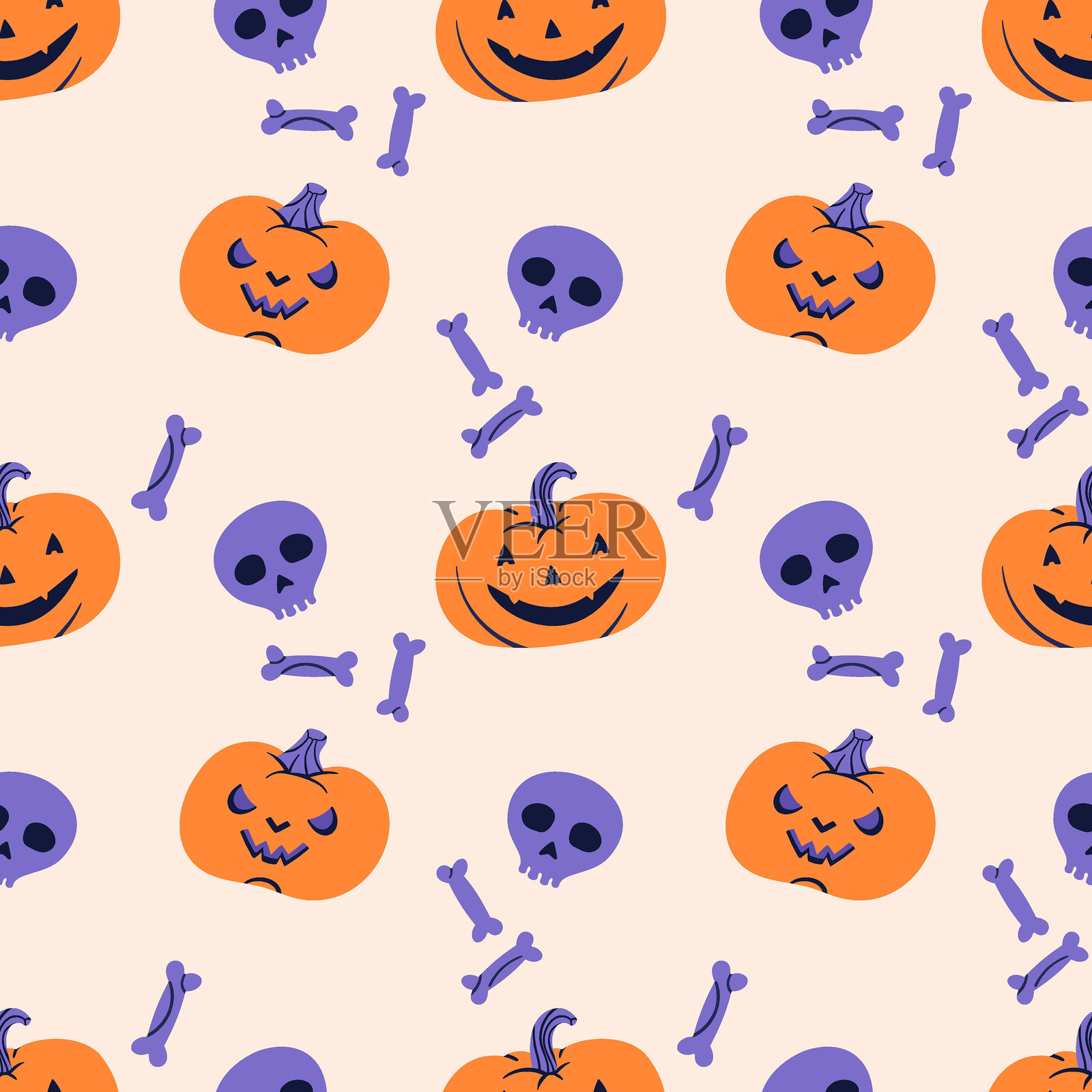 可爱的南瓜、骷髅和骨头。万圣节无缝图案。壁纸、纺织品、包装纸，您设计的元素。平面矢量插图插画图片素材