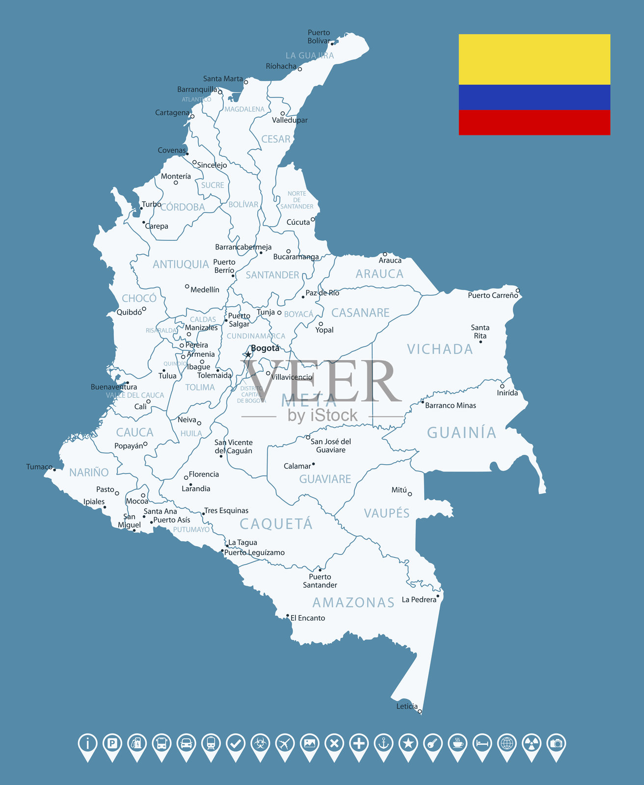 哥伦比亚 - 详细的国家地图，包含城市和地区。信息图标。插画图片素材